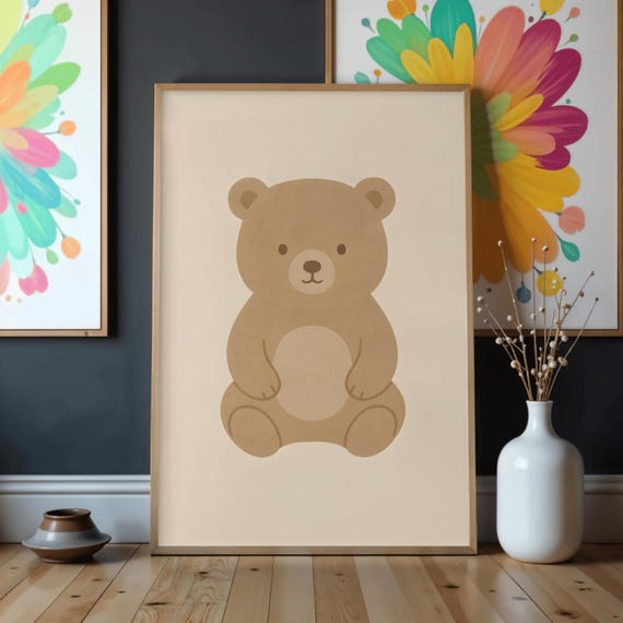 Minimalist Teddy Bear Nursery Art Print Beige Illustration