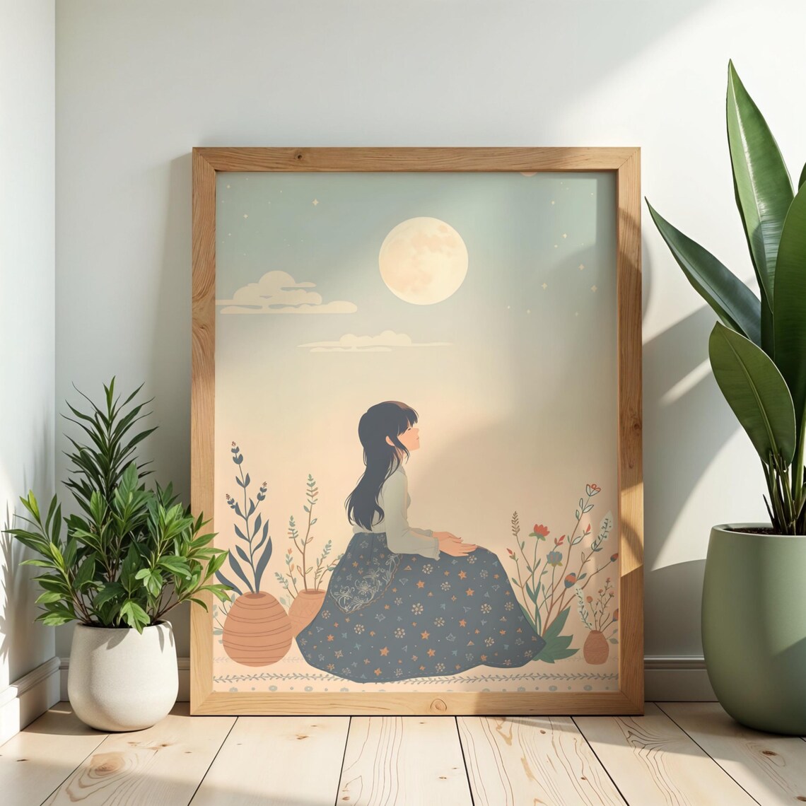 Moon Gazing Girl Soft Pastel Celestial Dreamy Botanical Illustration Print