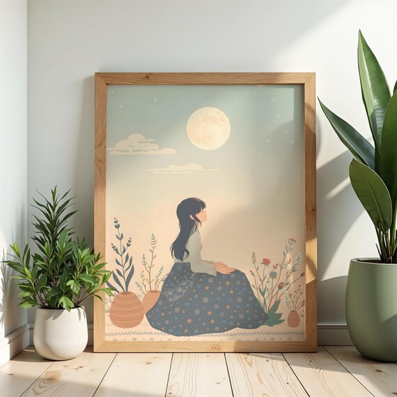 Moon Gazing Girl Art Print Dreamy Celestial Illustration