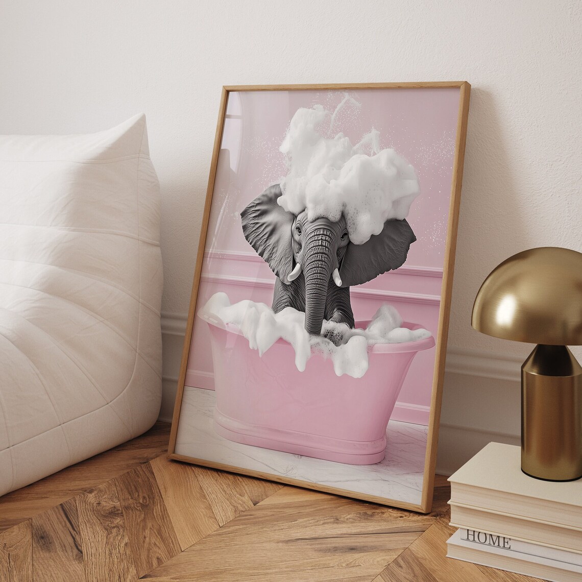 Cute Elephant In A Tub, Pink Bathroom Funny Print