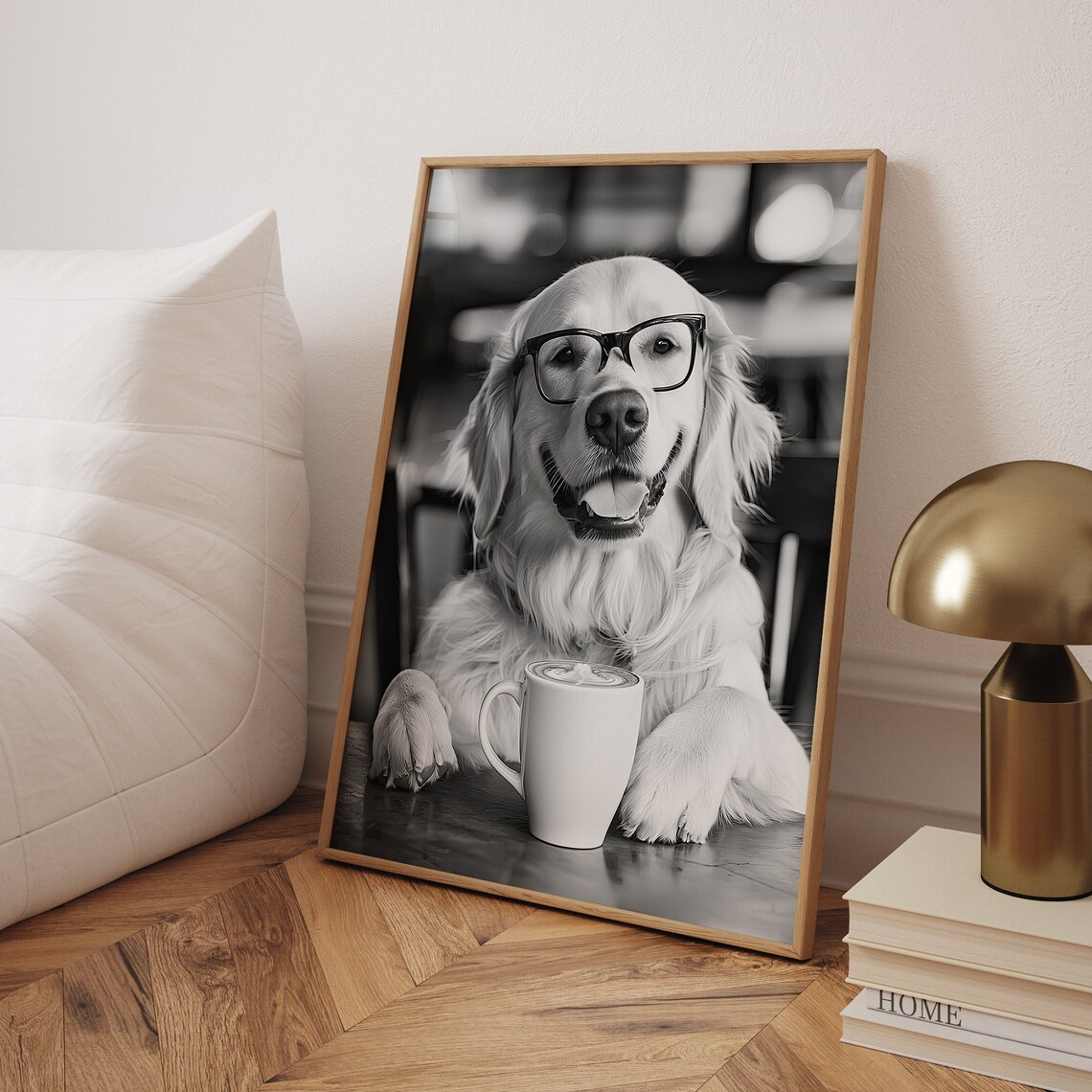 Golden Retriever Drinking Coffee, Funny Dog Art Print