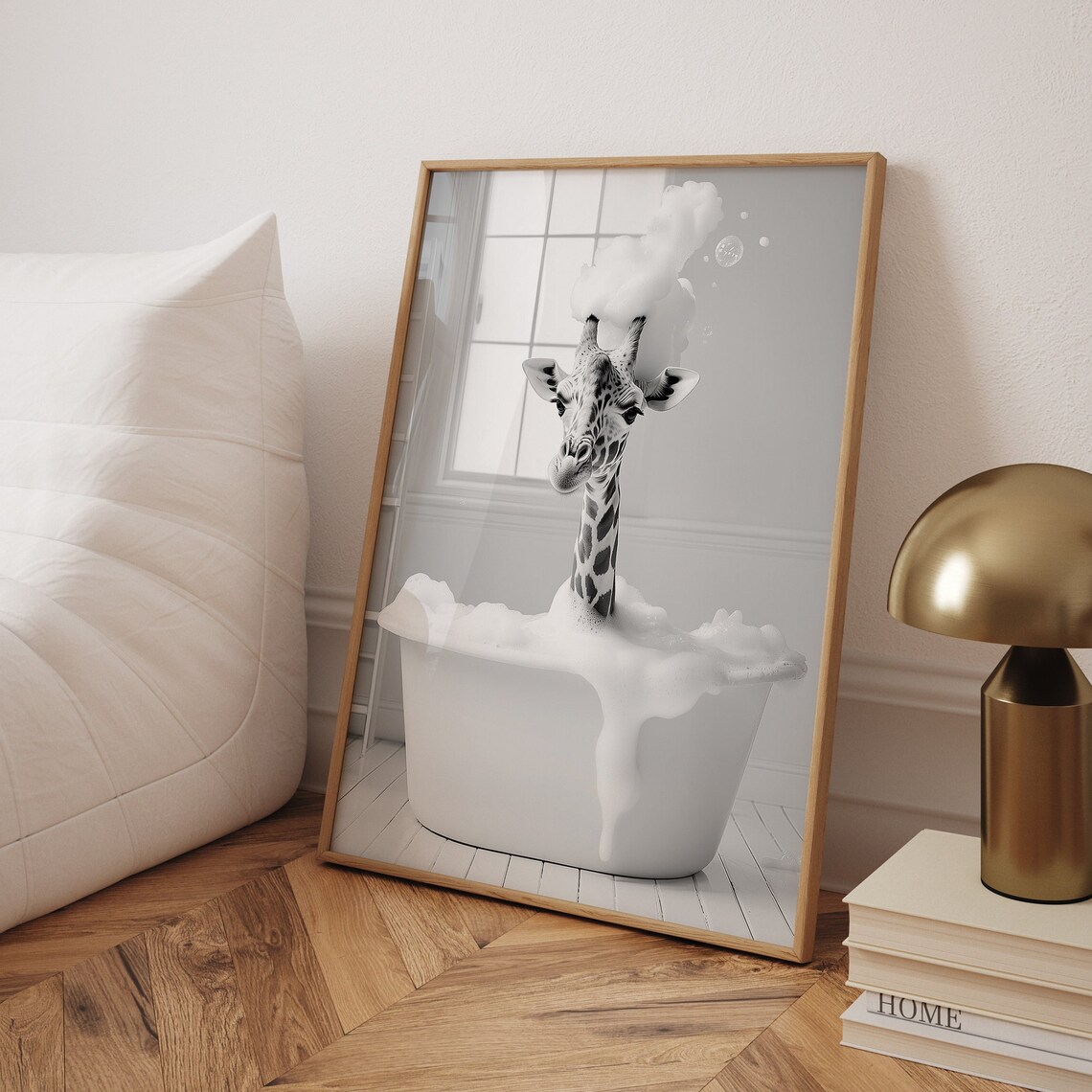 Cute Giraffe In A Bathtub, Funny Bathroom Art Print