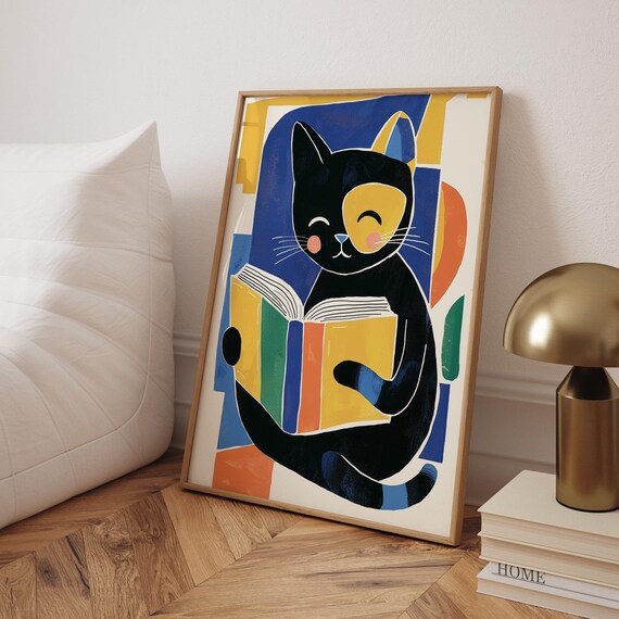Cat Reading A Book, Cute Modern Art Print