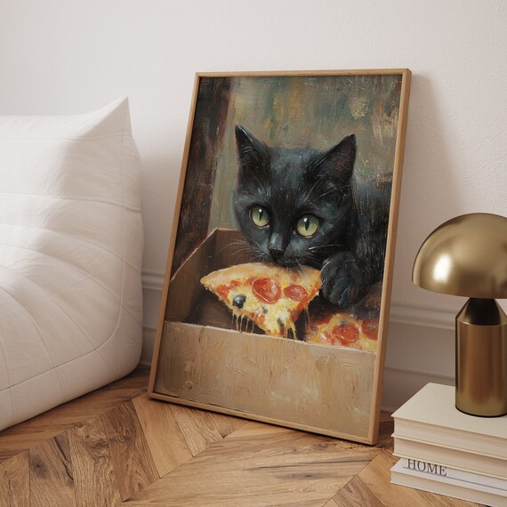 Cute Cat Eating Pizza, Funny Kitchen Art Print