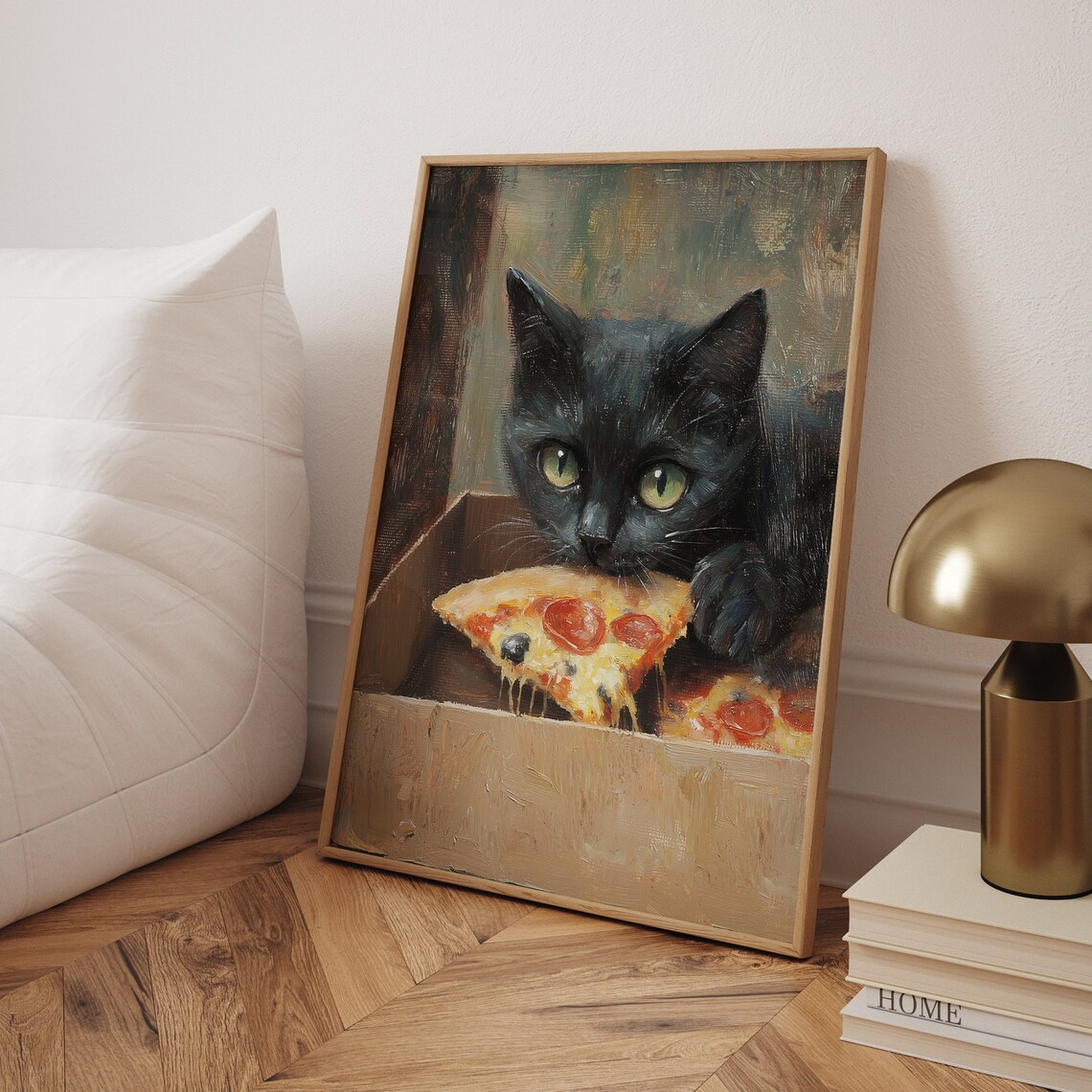 Cute Cat Eating Pizza, Funny Kitchen Art Print