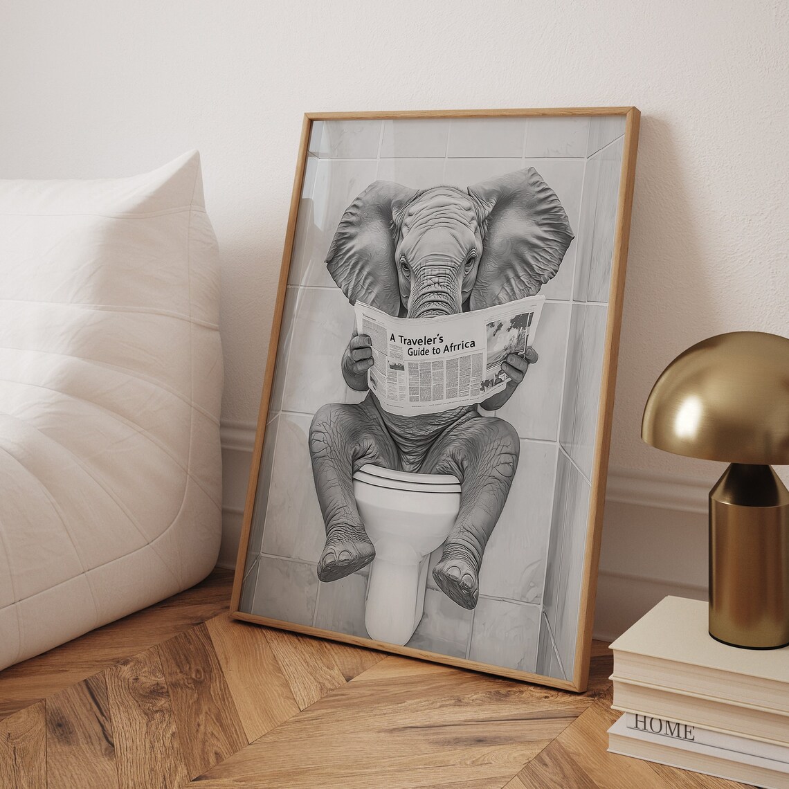 Elephant on Toilet Reading Newspaper, Funny Poster