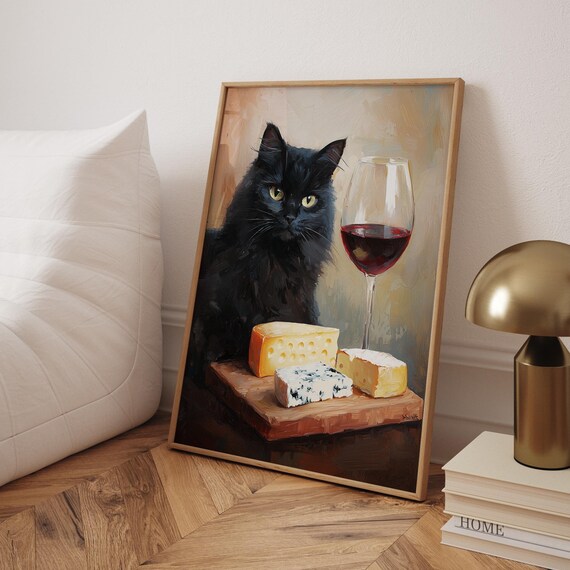 Black Cat Drinking Wine, Minimalist Bar Art Print