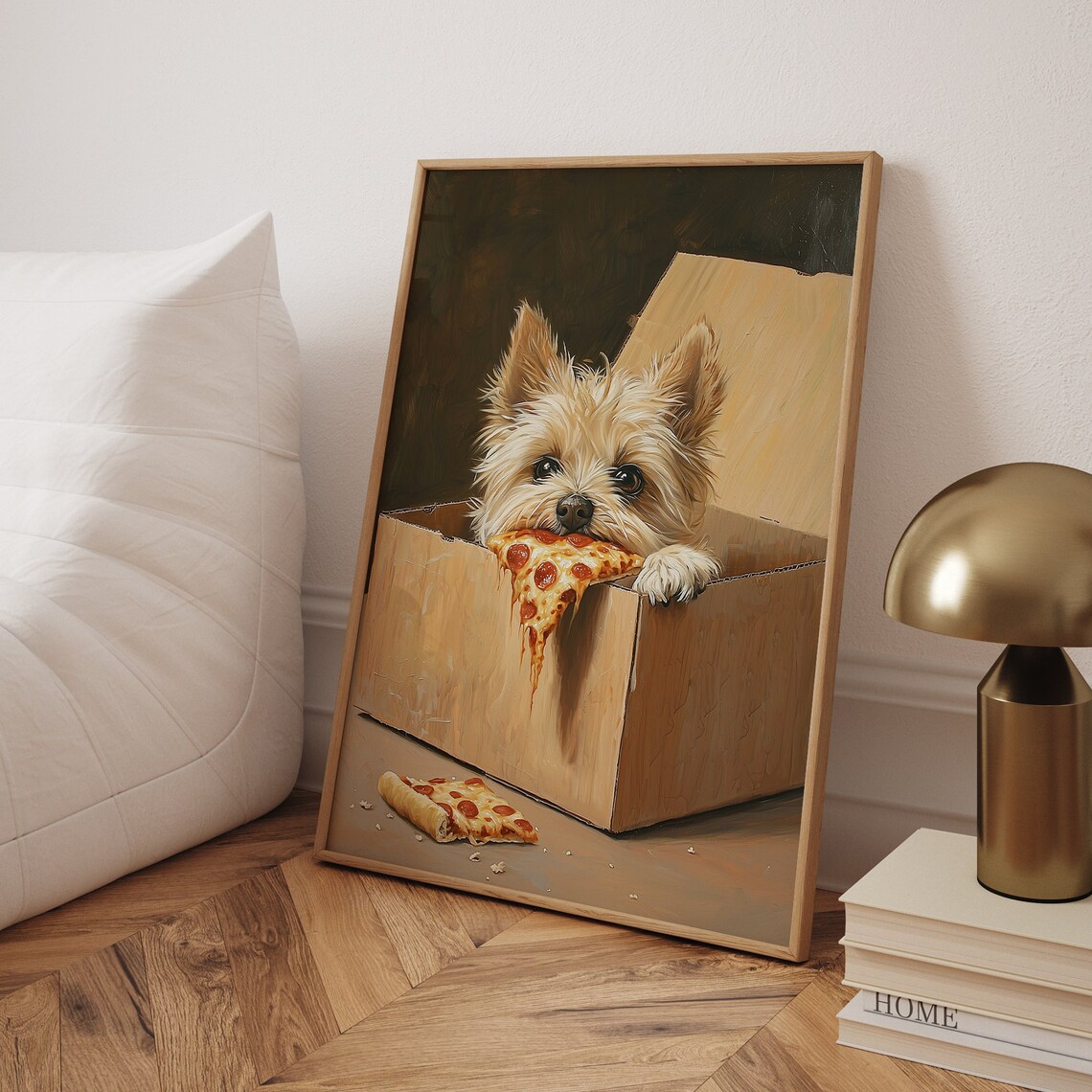 Cute Dog Eating Pizza, Funny Kitchen Art Print