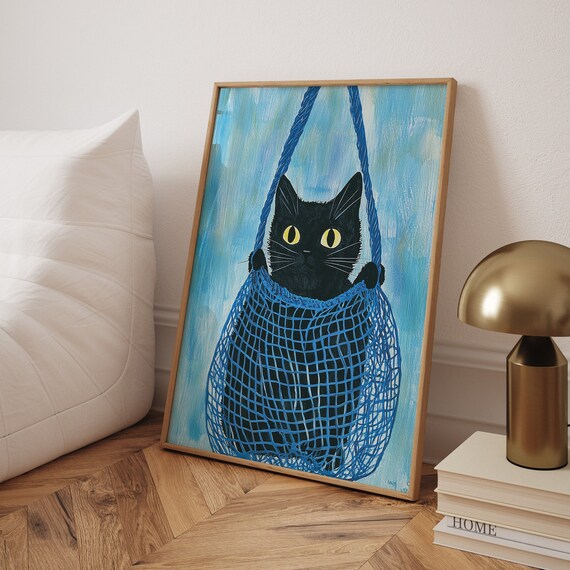 Cat In A Net Bag, Vintage Black Cat Art Print