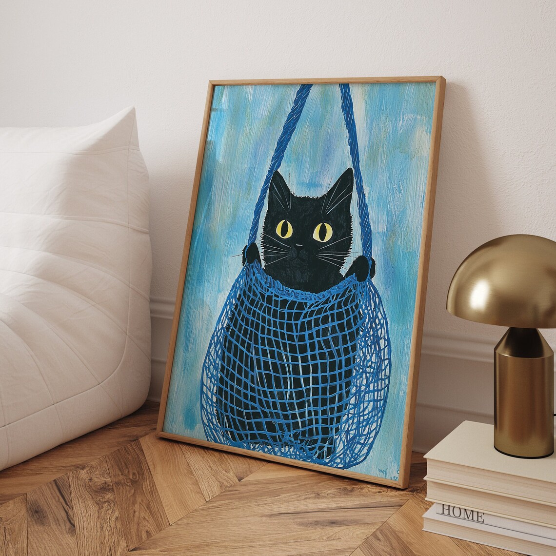 Cat In A Net Bag, Vintage Black Cat Art Print
