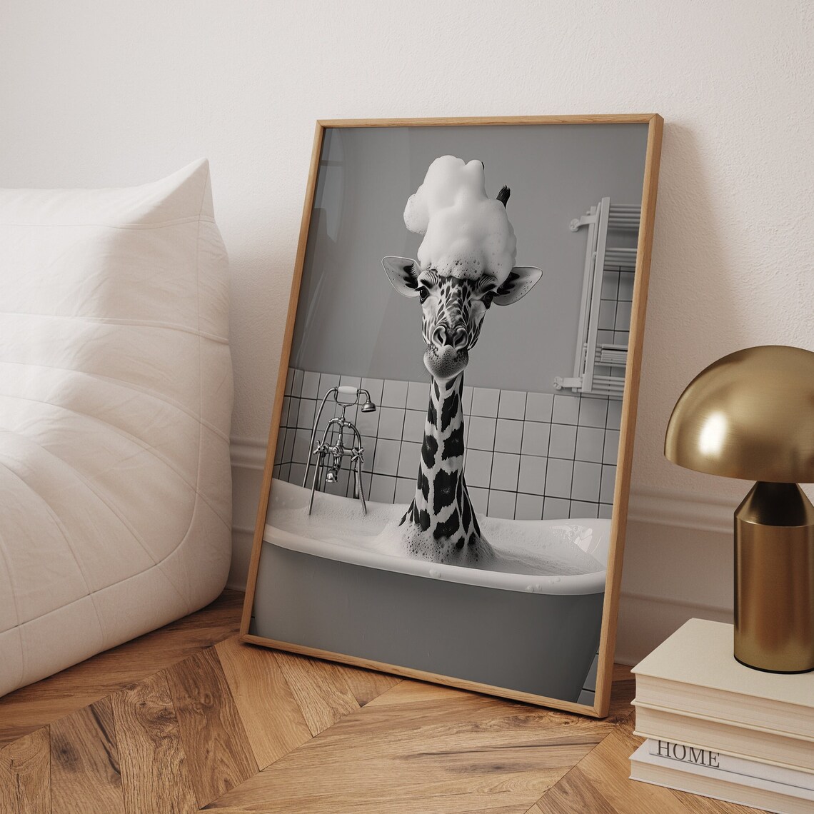 Giraffe In A Bubble Bath - Funny Bathroom Poster
