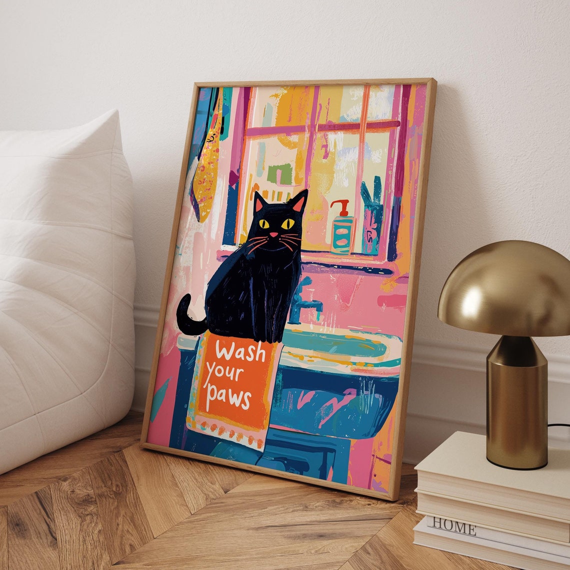 Wash Your Paws Funny Cat Poster, Bathroom Decor