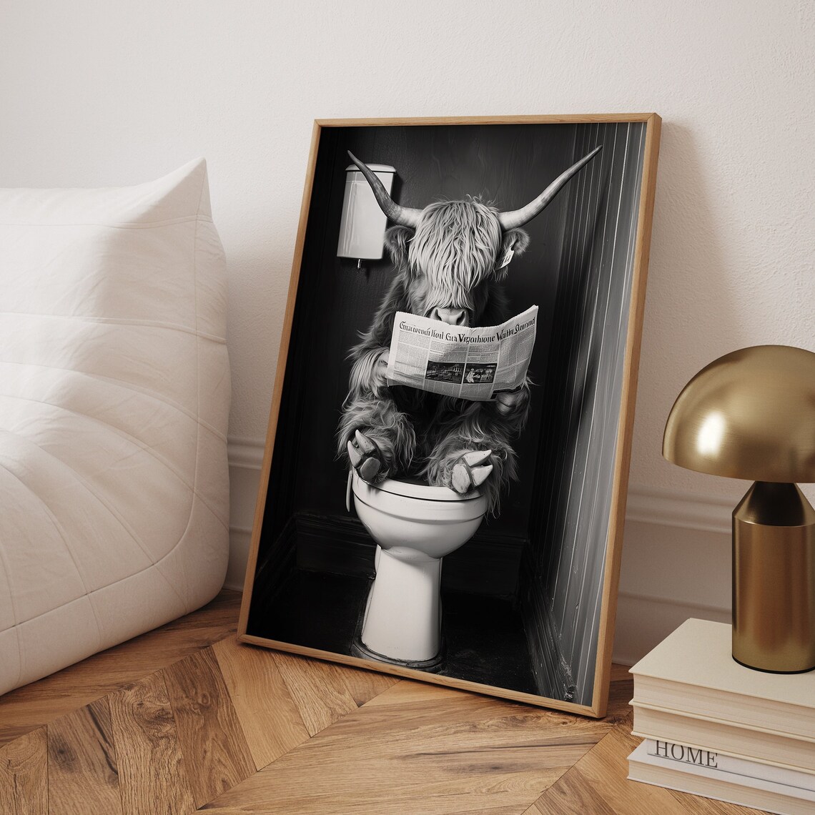 Highland Cow Sitting On The Toilet, Funny Bathroom Wall Art