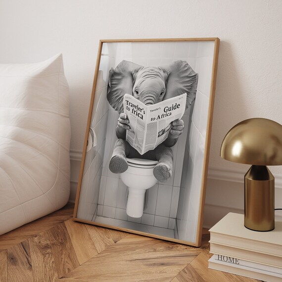 Elephant Sitting on the Toilet Reading a Newspaper, Funny Poster