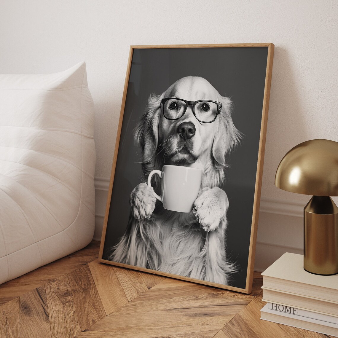 Golden Retriever Drinking Coffee, Funny Dog Art Print