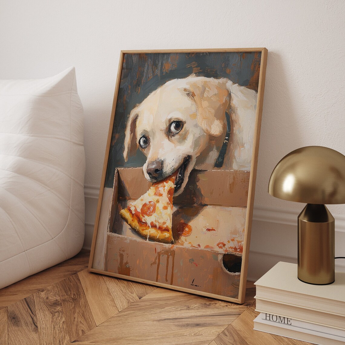 Cute Dog Eating Pizza, Funny Kitchen Art Print
