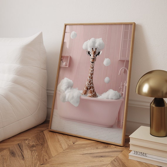 Cute Giraffe In A Bathtub Poster, Funny Bathroom Art