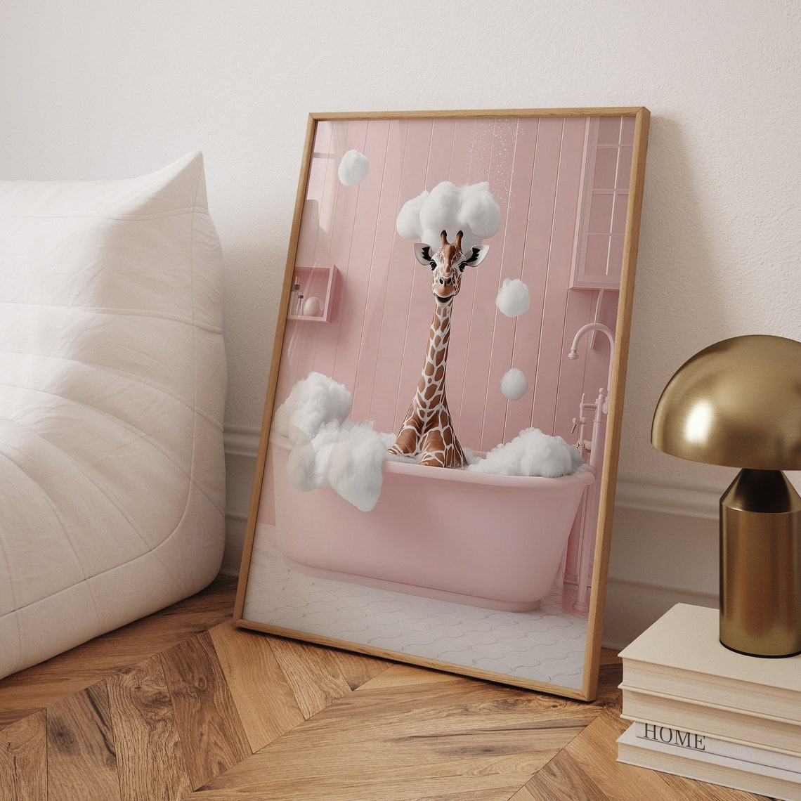 Cute Giraffe In A Bathtub Poster, Funny Bathroom Art