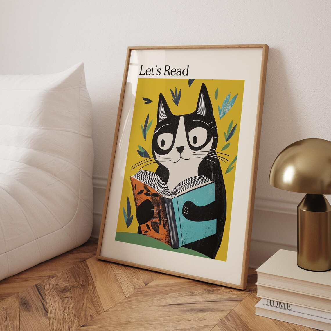Kids Reading Poster, Retro Cat Reading Book