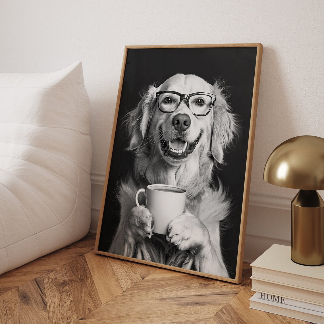 Golden Retriever Drinking Coffee, Funny Dog Print