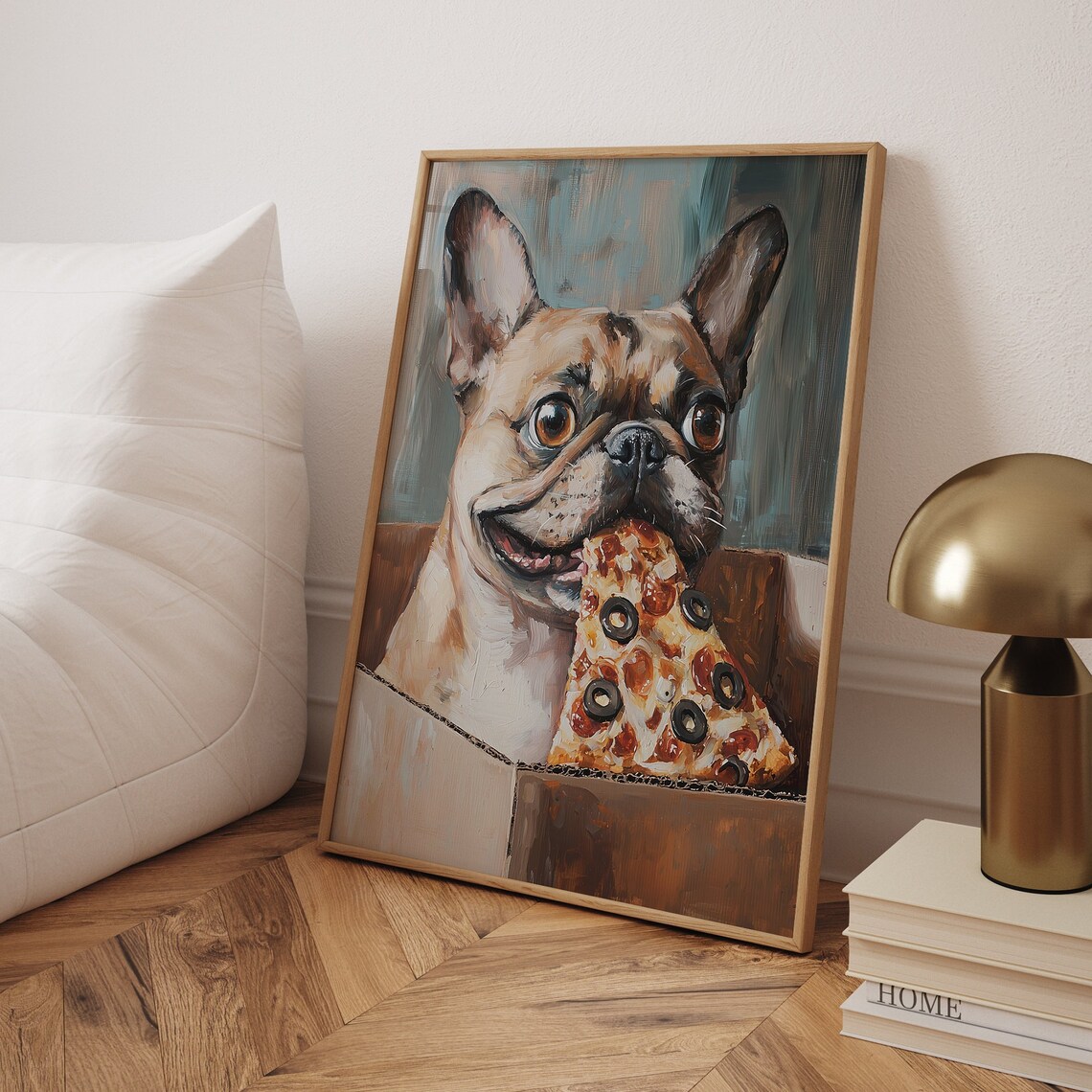 Cute Dog Eating Pizza, Funny Dog Kitchen Art Print