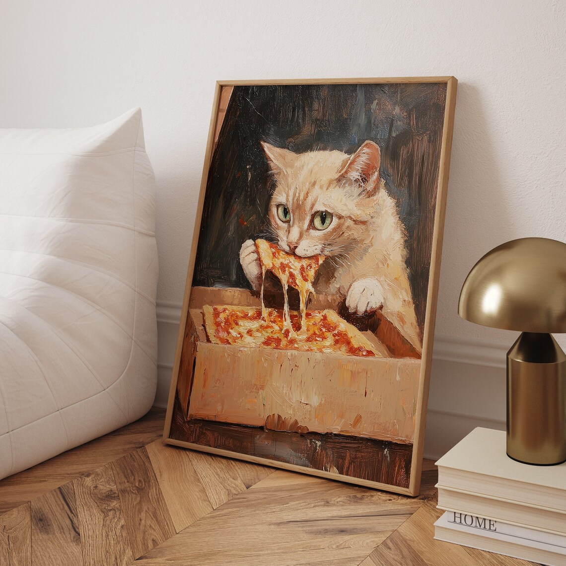 Cute Cat Eating Pizza, Funny Kitchen Art Print