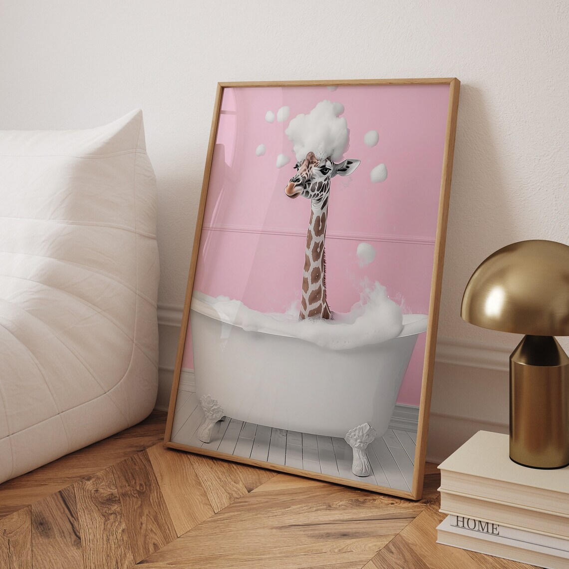 Cute Giraffe In A Bathtub, Funny Bathroom Art Print