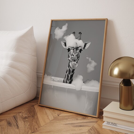 Cute Giraffe In A Bathtub, Funny Bathroom Art Print