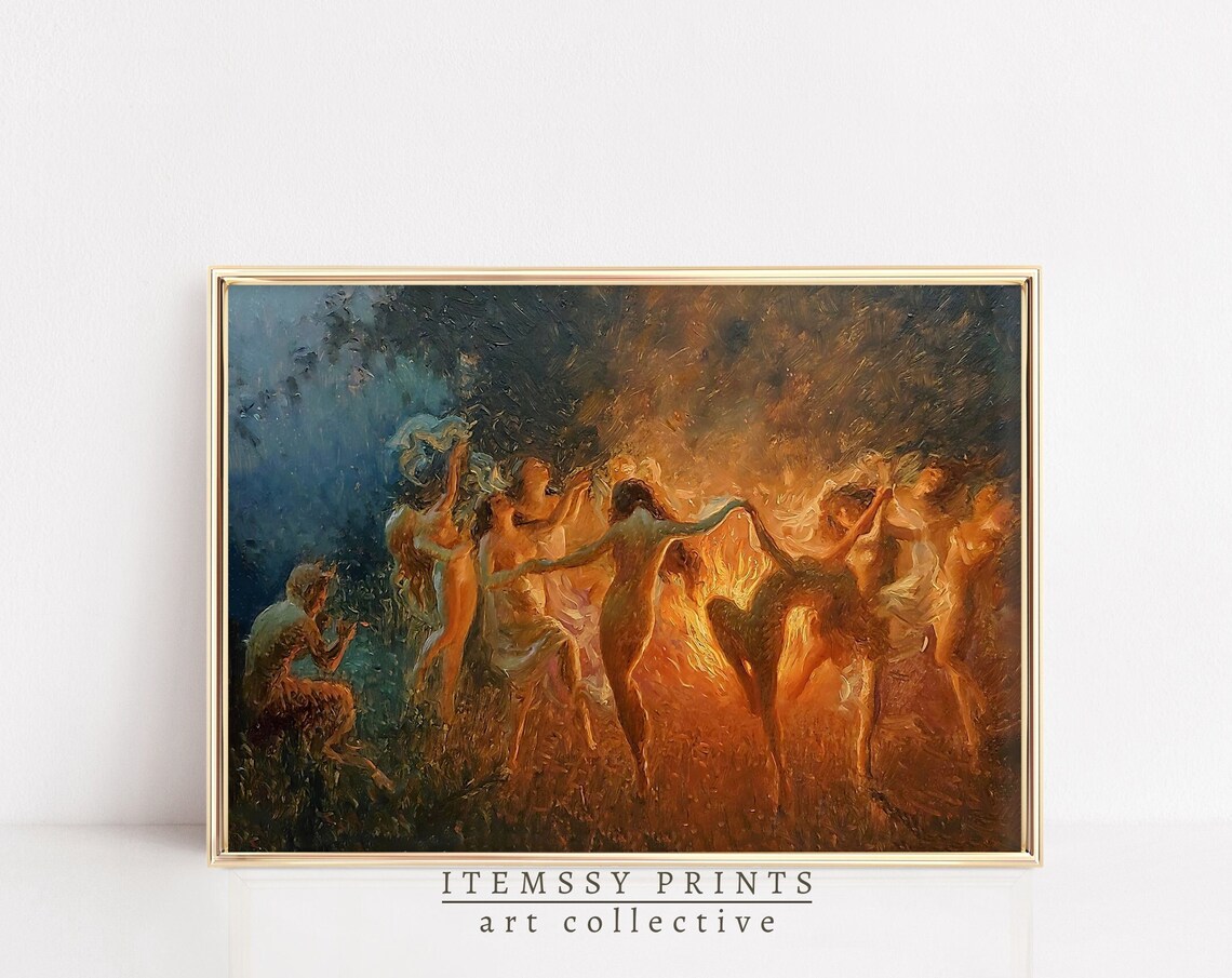Dancing Witches Around Bonfire Firelight Night Scene Vintage Dark Poster