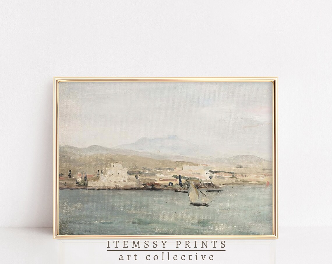 Muted Coastal Seascape With Sailboat Vintage Shore Painting Print
