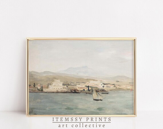 Muted Coastal Seascape With Sailboat Vintage Shore Painting Print
