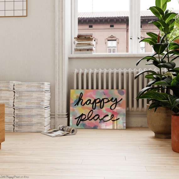 Happy Place Print Colourful Rainbow Painting Abstract Retro Eclectic Whimsical Home Decor Wall Art Instant Download