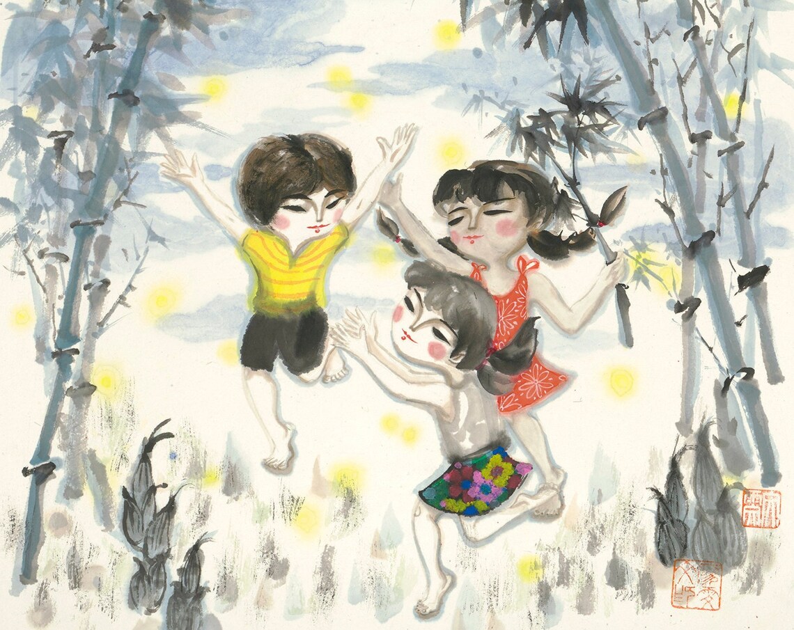 Kids Dancing Bamboo Forest Fireflies Ink Wash Art Nighttime Poster