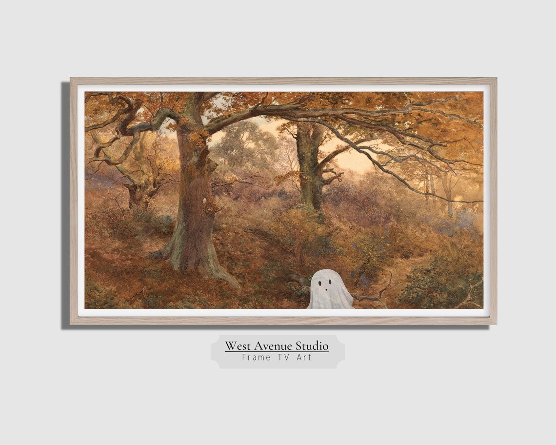Vintage Autumn Woods Painting with Cute Hidden Ghost Fall Halloween Art Poster - Image 5