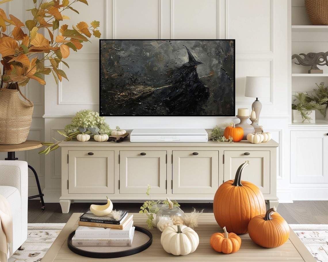 Witch Flying On Broomstick Over Dark Sea Moody Halloween Night Art Poster - Image 3