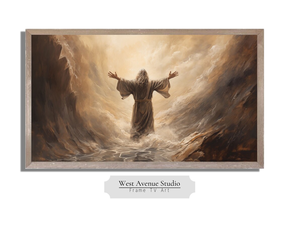 Moses Parting The Sea Golden Waves Arms Raised Biblical Christian Poster - Image 2