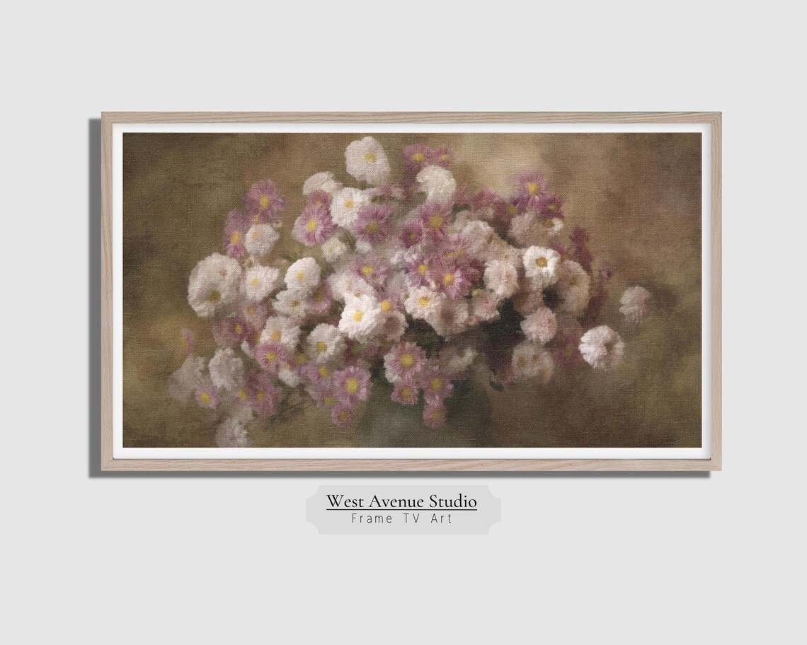 Pink White Chrysanthemums Vintage Still Life Floral Painting Poster - Image 5