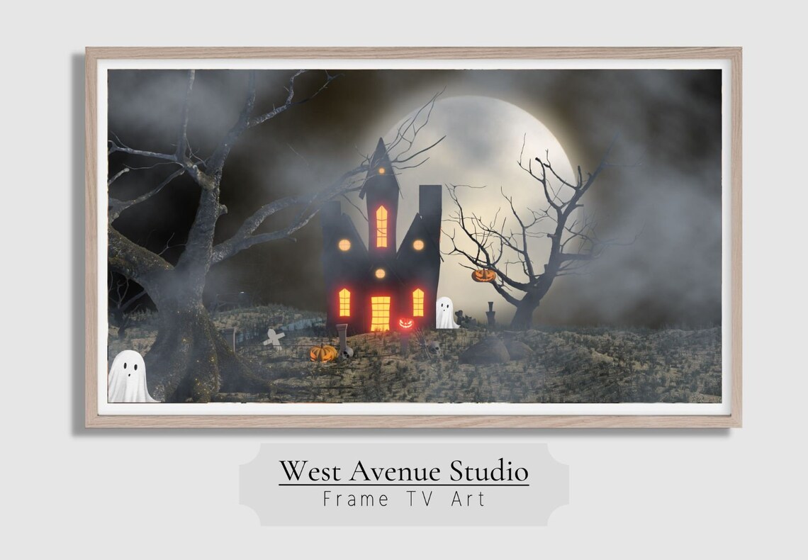 Haunted House Glowing Windows Full Moon Cute Ghosts Halloween Night Art Poster - Image 5