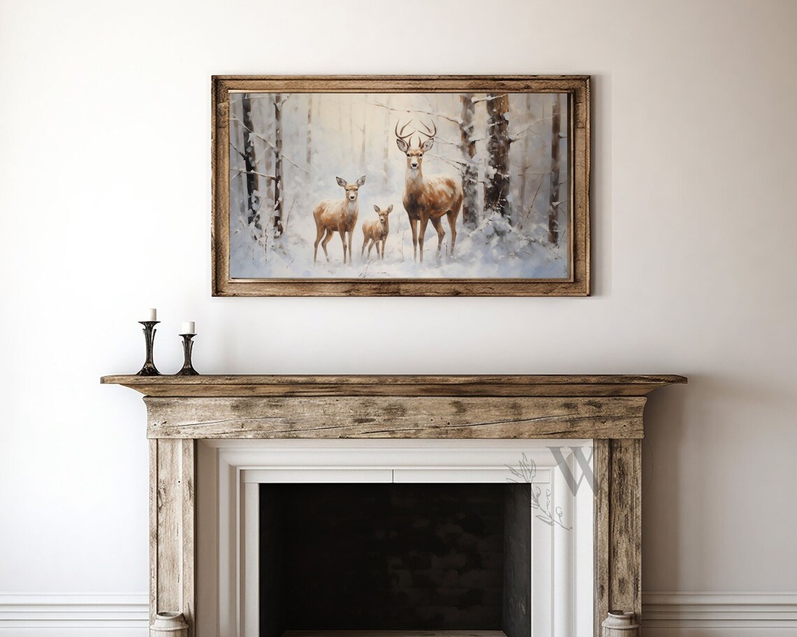 Winter Deer Family in Snowy Forest Buck Doe Fawn Christmas Wildlife Art Poster - Image 4