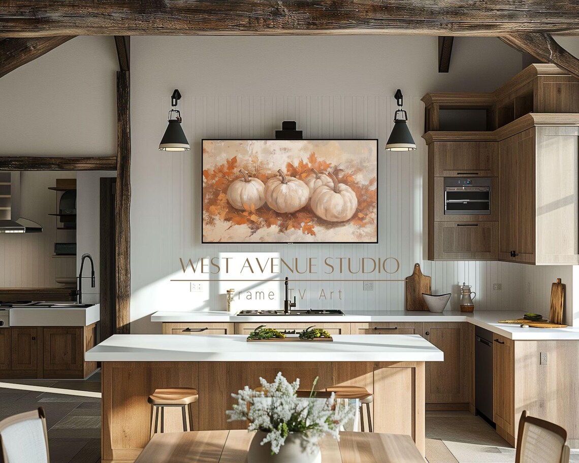 White Pumpkins With Fall Leaves Neutral Autumn Farmhouse Wall Art Poster - Image 2