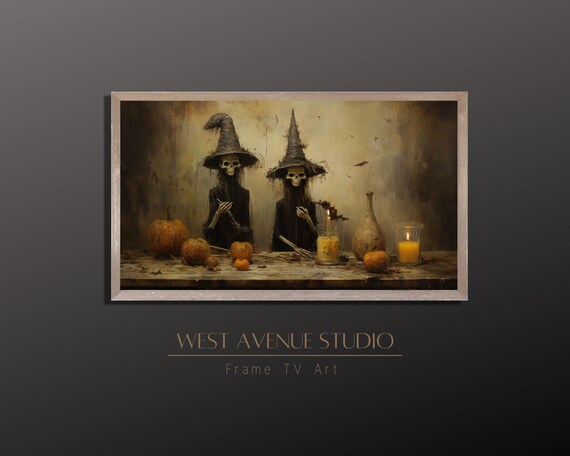 Skeleton Witches At Table With Pumpkins Candles Dark Halloween Art Poster