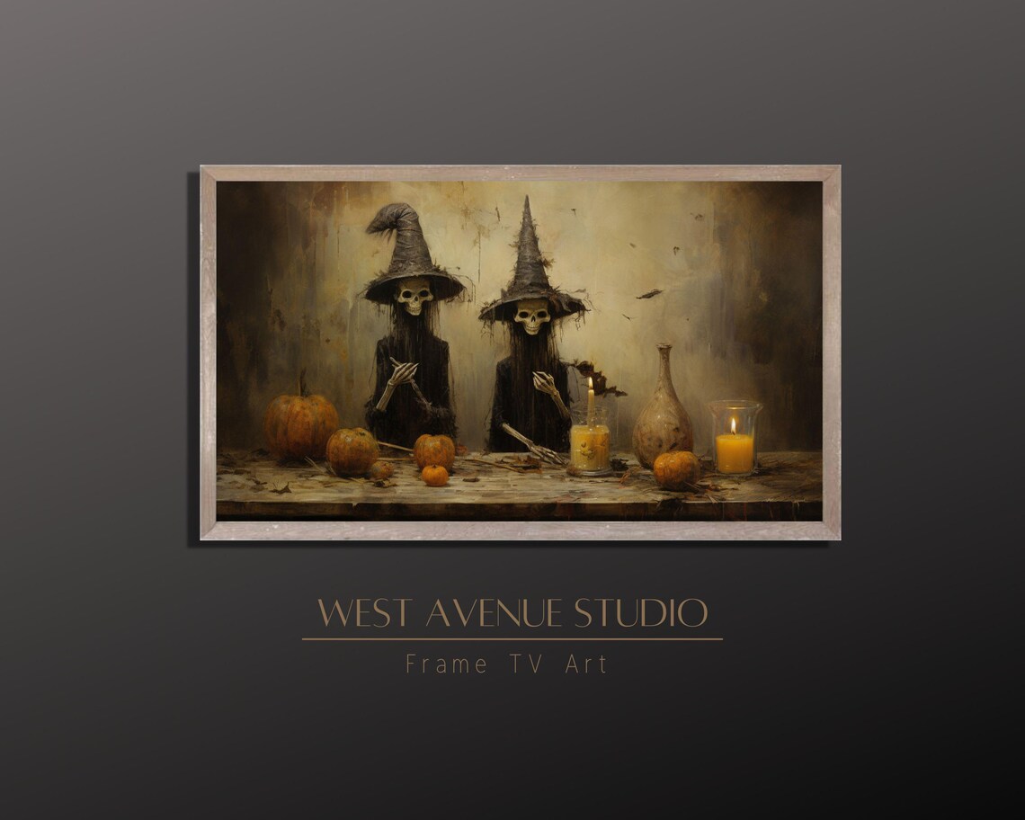 Skeleton Witches At Table With Pumpkins Candles Dark Halloween Art Poster
