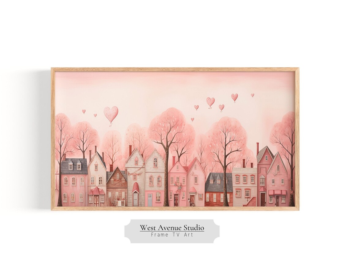 Valentine Heart City Village Pink Neutral Art Print