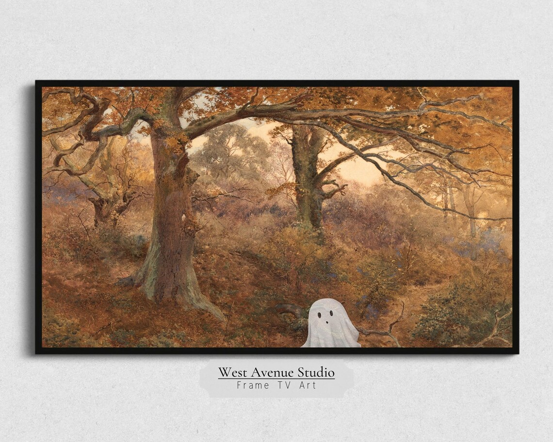 Vintage Autumn Woods Painting with Cute Hidden Ghost Fall Halloween Art Poster - Image 2