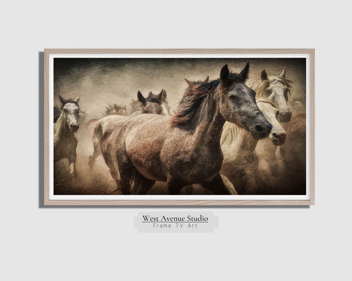 Wild Horses Running Dust Storm Textured Western Equine Painting Poster - Image 4
