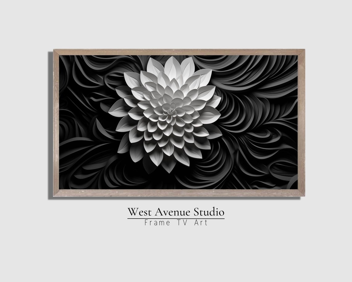 Black And White 3D Dahlia Flower Abstract Modern Botanical Art Print - Image 2