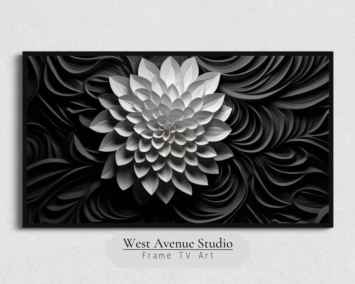 Black And White 3D Dahlia Flower Abstract Modern Botanical Art Print - Image 3