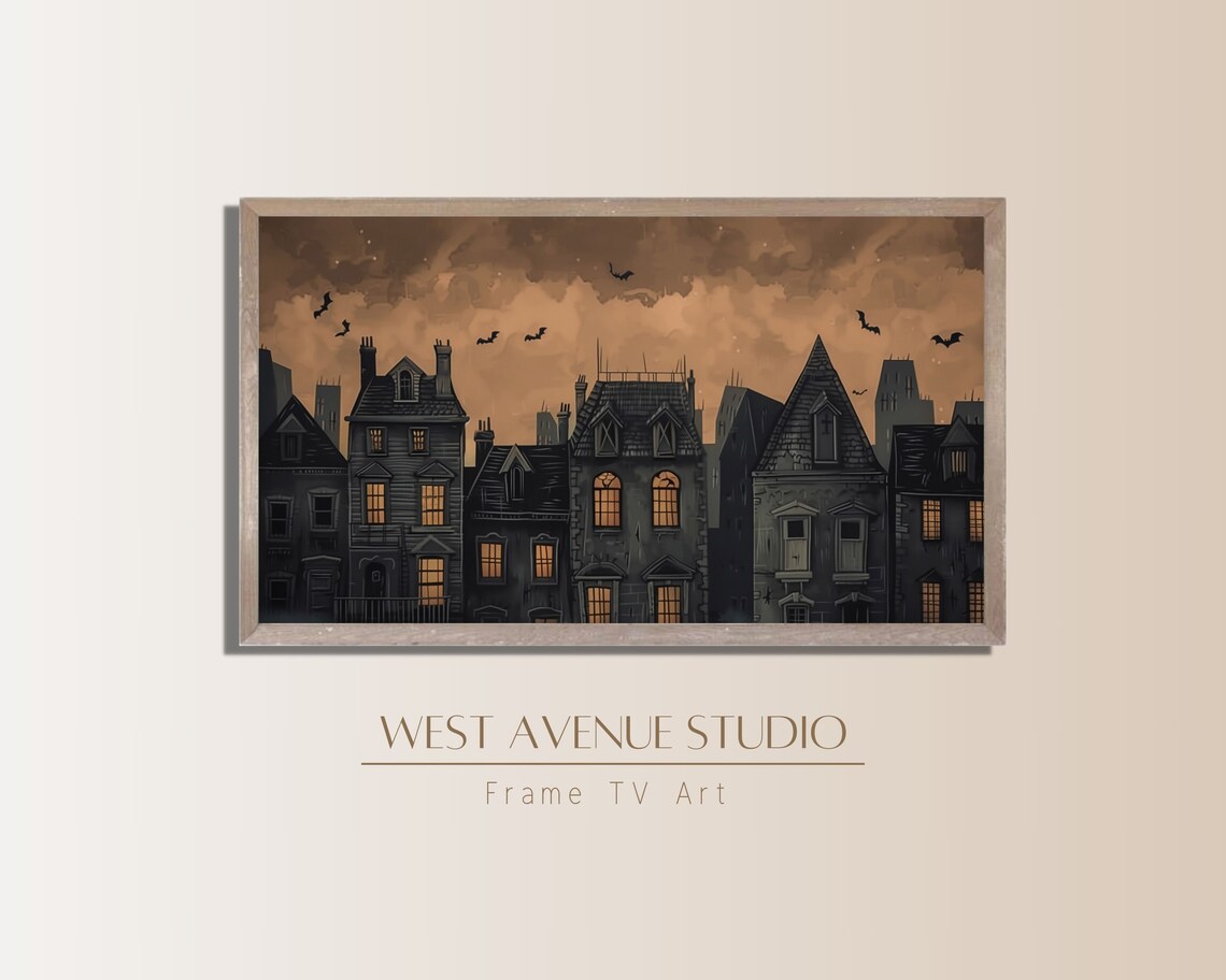 Spooky Halloween Town Glowing Windows Orange Sky Bats Vintage Night Art Poster - Image 4