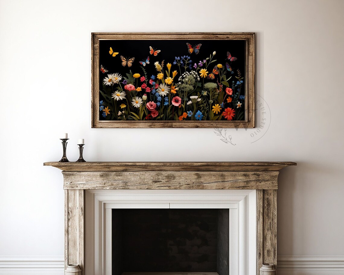 Wildflower Garden With Butterflies Black Background Floral Wall Art Poster - Image 4