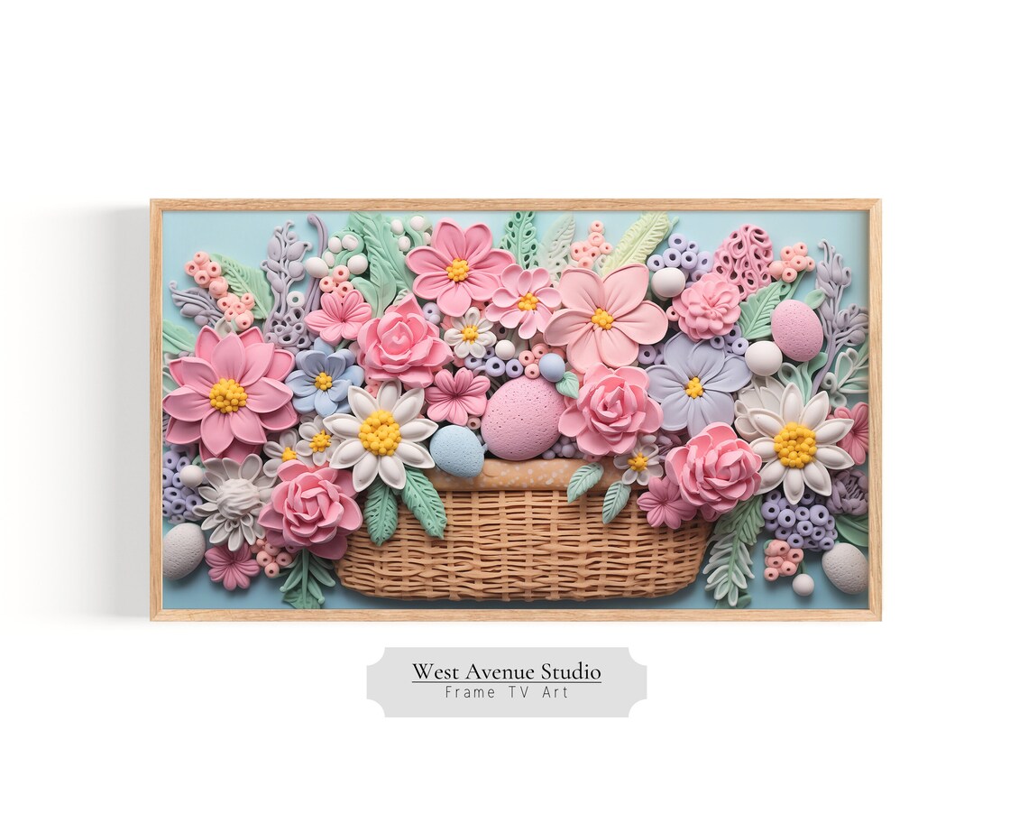 Easter Pastel Flower Basket 3D Textured Spring Eggs Floral Wall Art Poster